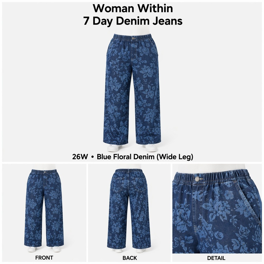 Woman‎ Within Womens 26W Wide Leg Denim Jeans Blue Floral Pull On NWT High Waist